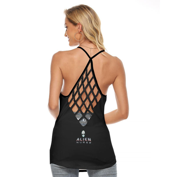 Alien Nurse (NFAU) - AOP Women's Black Criss-Cross Open Back Tank Top - Keen Eye Design