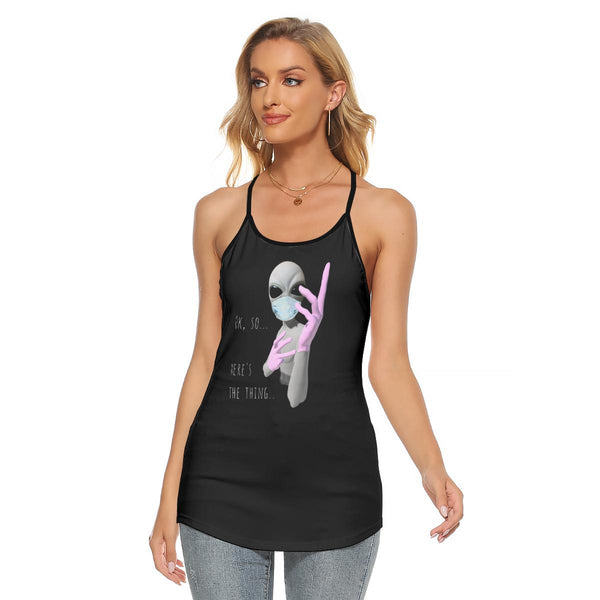 Alien Nurse (Thing) - AOP Women's Black Criss-Cross Open Back Tank Top - Keen Eye Design