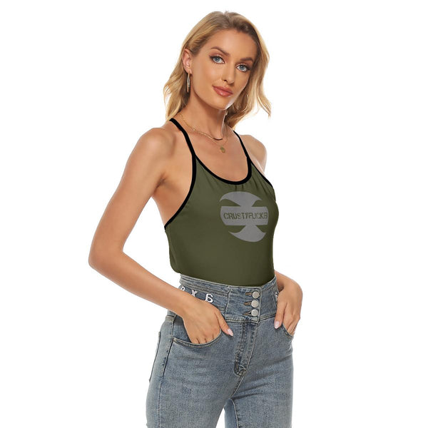 CRUSTYFLICKER Dogtag - AOP Women's Army Green Criss-Cross Open Back Tank Top - Keen Eye Design