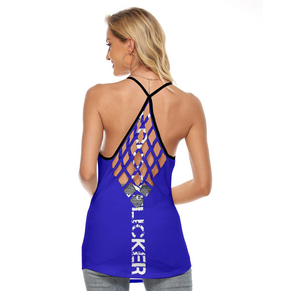 CRUSTYFLICKER Spirit - AOP Women's Blue Criss-Cross Open Back Tank Top - Keen Eye Design