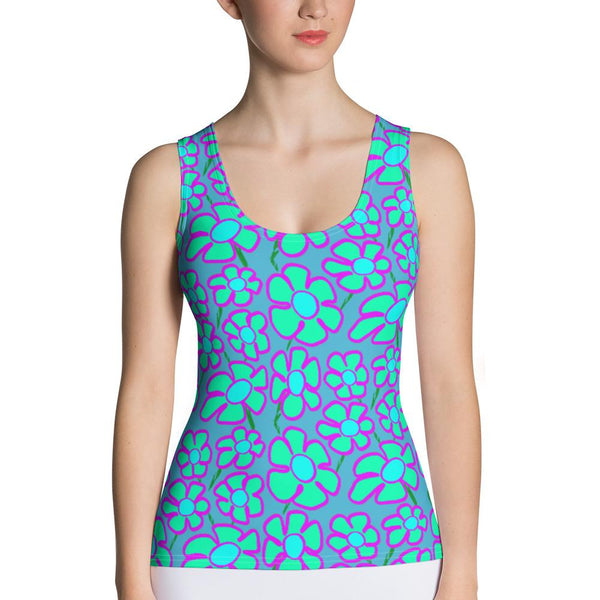 Greenflower Pattern on Blue - AOP Fitted Tank Top - Keen Eye Design