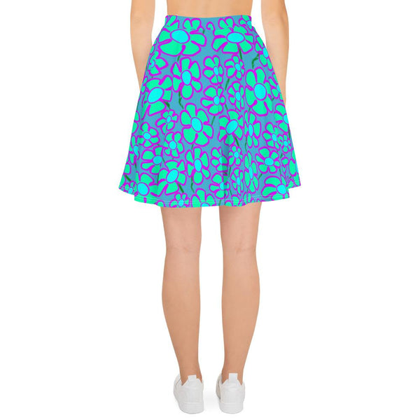 Greenflower Pattern on Blue - AOP Skater Skirt - Keen Eye Design