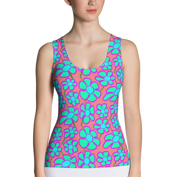 Greenflower Pattern on Pink - AOP Fitted Tank Top - Keen Eye Design