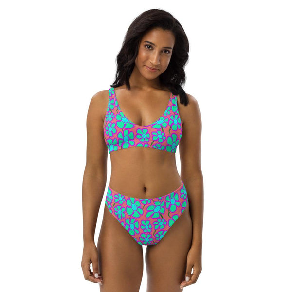 Greenflower Pattern on Pink - Recycled AOP High-Waisted Bikini - Keen Eye Design