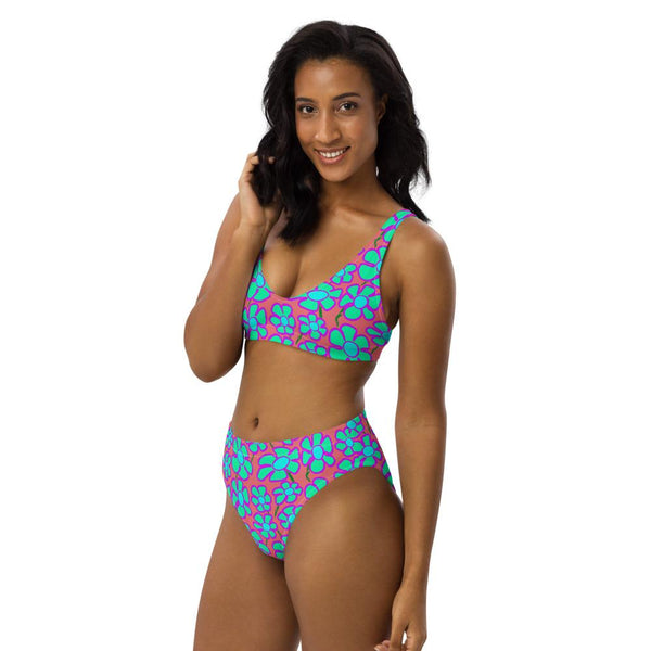 Greenflower Pattern on Pink - Recycled AOP High-Waisted Bikini - Keen Eye Design