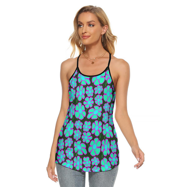 Greenflower on Dark Green - AOP Women's Criss-Cross Open Back Tank Top - Keen Eye Design