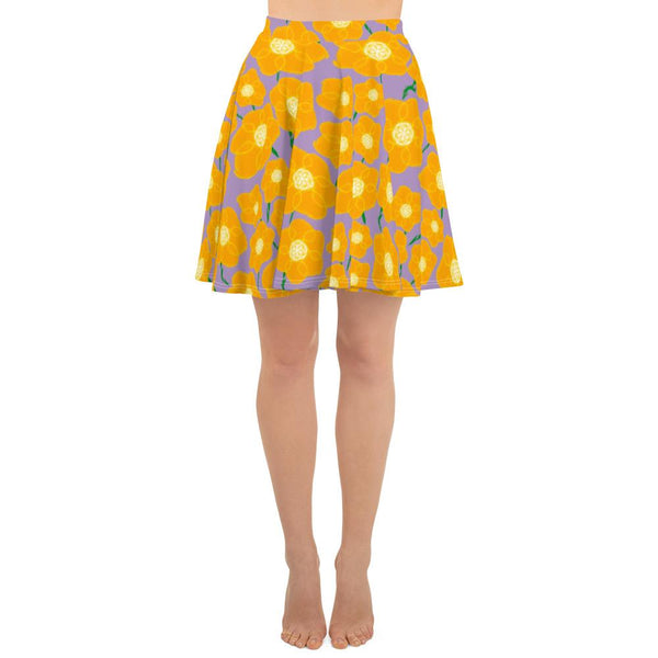 Hippy Orangeflower Pattern on Purple - AOP Skater Skirt - Keen Eye Design