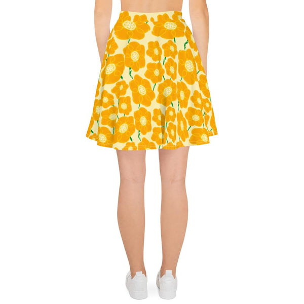 Hippy Orangeflower Pattern on Yellow - AOP Skater Skirt - Keen Eye Design