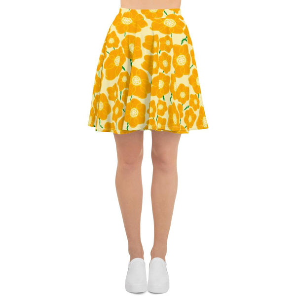 Hippy Orangeflower Pattern on Yellow - AOP Skater Skirt - Keen Eye Design