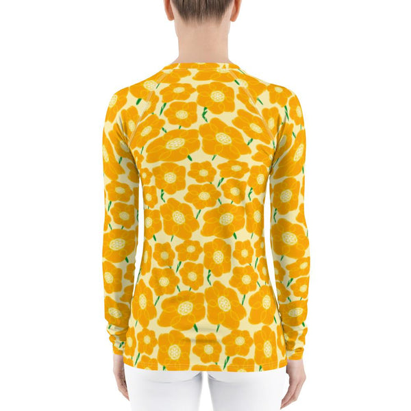 Hippy Orangeflower on Yellow - Women's AOP Rash Guard - Keen Eye Design
