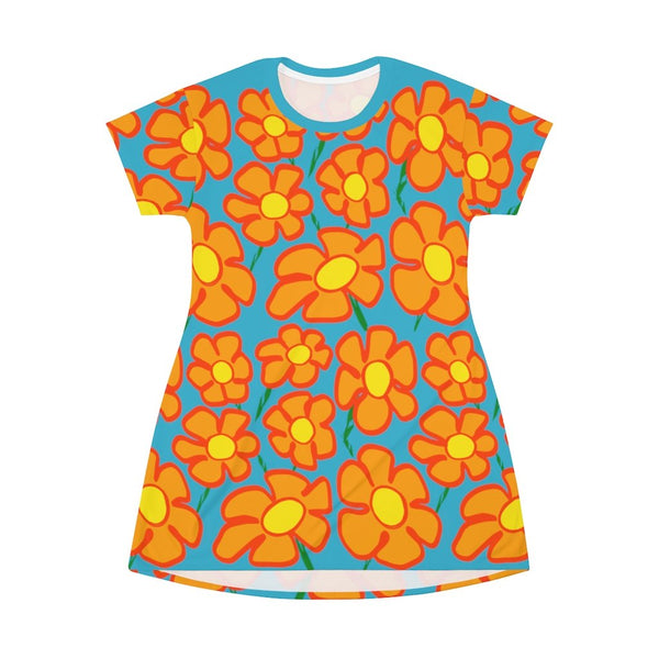 Orangeflower Pattern on Cyan - AOP T-Shirt Dress - Keen Eye Design
