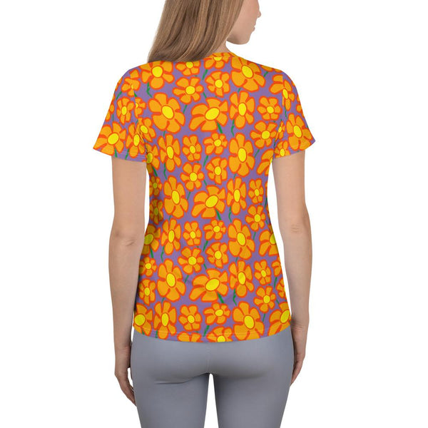 Orangeflower Pattern on Deep Purple - All-Over Print Women's Athletic T-shirt - Keen Eye Design