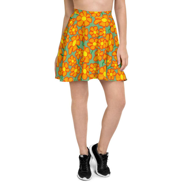 Orangeflower Pattern on Green - AOP Skater Skirt - Keen Eye Design