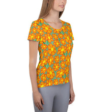 Load image into Gallery viewer, Orangeflower Pattern on Green - All-Over Print Women's Athletic T-shirt - Keen Eye Design