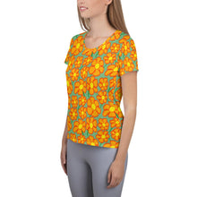 Load image into Gallery viewer, Orangeflower Pattern on Green - All-Over Print Women's Athletic T-shirt - Keen Eye Design