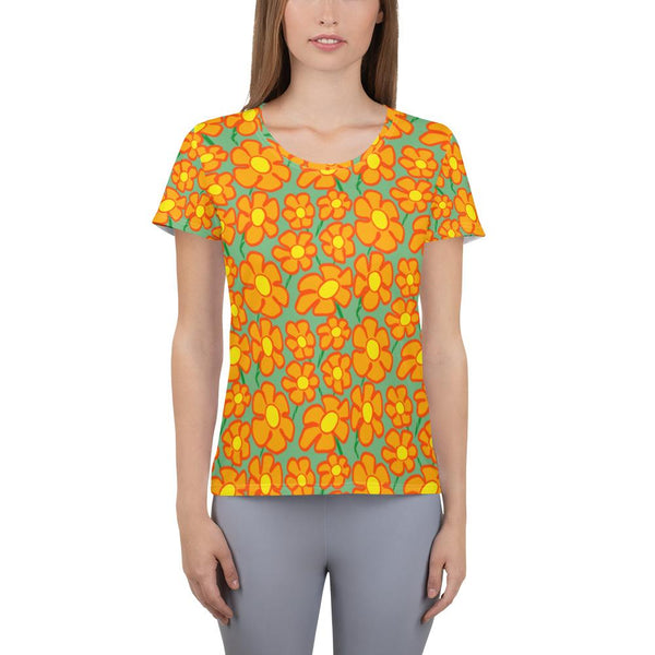 Orangeflower Pattern on Green - All-Over Print Women's Athletic T-shirt - Keen Eye Design