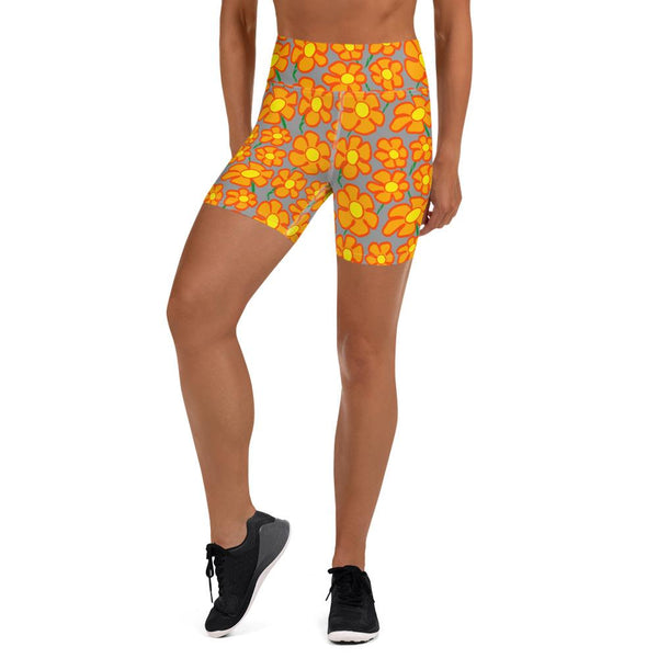 Orangeflower Pattern on Med Gray - Yoga Shorts - Keen Eye Design