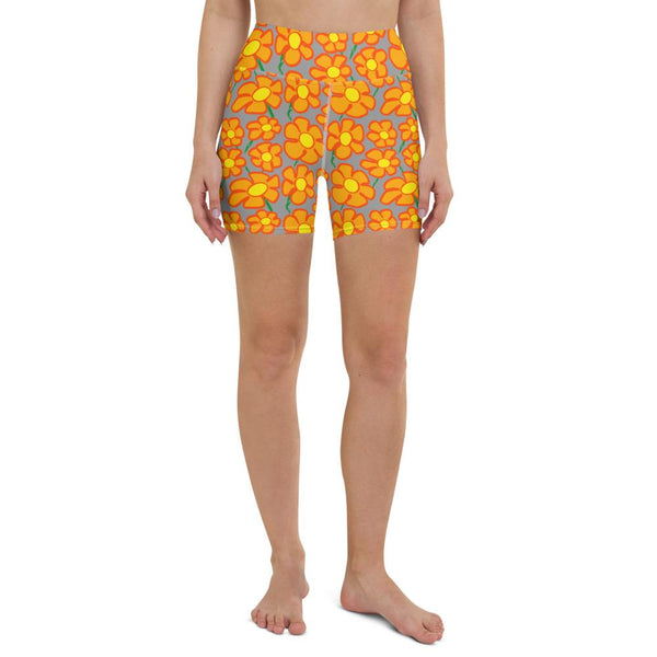 Orangeflower Pattern on Med Gray - Yoga Shorts - Keen Eye Design
