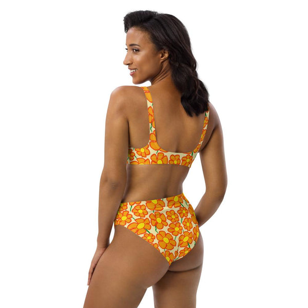 Orangeflower Pattern on Yellow - Recycled AOP High-waisted Bikini - Keen Eye Design