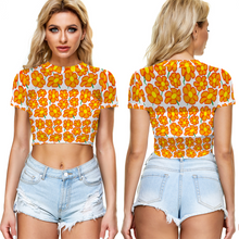 Load image into Gallery viewer, Orangeflower on White - AOP Sheer See-Through Mesh Crop Top Tee - Keen Eye Design