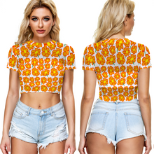 Load image into Gallery viewer, Orangeflower on White - AOP Sheer See-Through Mesh Crop Top Tee - Keen Eye Design