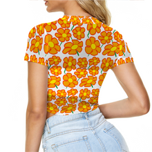 Load image into Gallery viewer, Orangeflower on White - AOP Sheer See-Through Mesh Crop Top Tee - Keen Eye Design