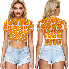 Load image into Gallery viewer, Orangeflower on White - AOP Sheer See-Through Mesh Crop Top Tee - Keen Eye Design