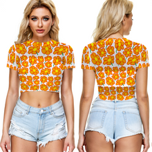 Load image into Gallery viewer, Orangeflower on White - AOP Sheer See-Through Mesh Crop Top Tee - Keen Eye Design
