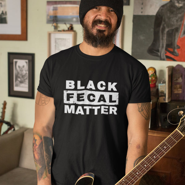 Black Fecal Matter - Men's/Unisex Premium Cotton T-shirt on bearded man with guitar