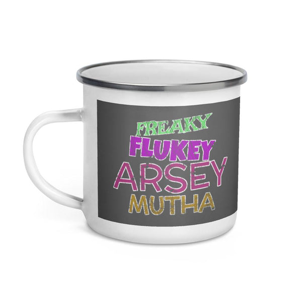 Freaky Flukey Arsey Mutha V2 - Enamel Mug - Keen Eye Design