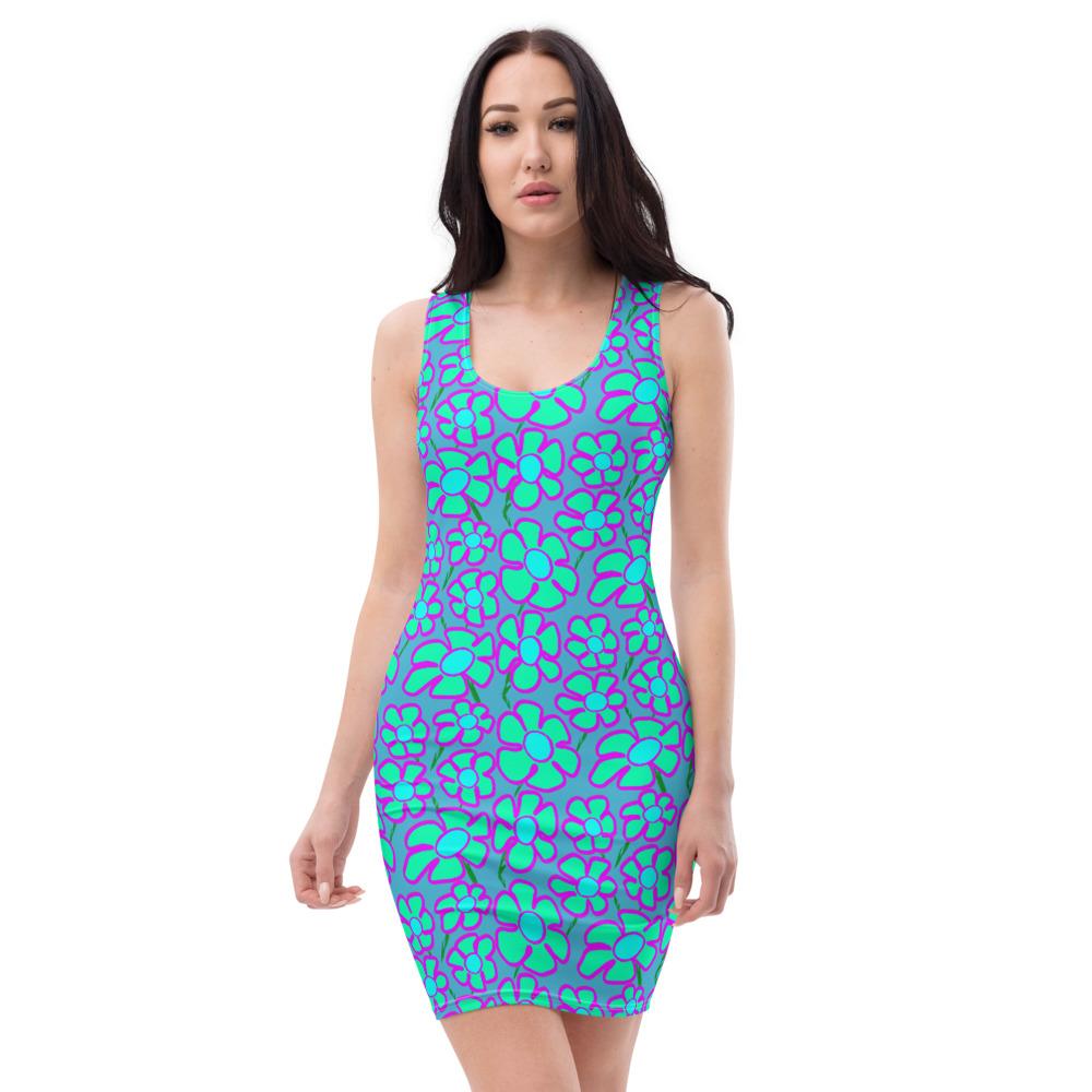 Greenflower Pattern on Blue - AOP Fitted Dress - Keen Eye Design