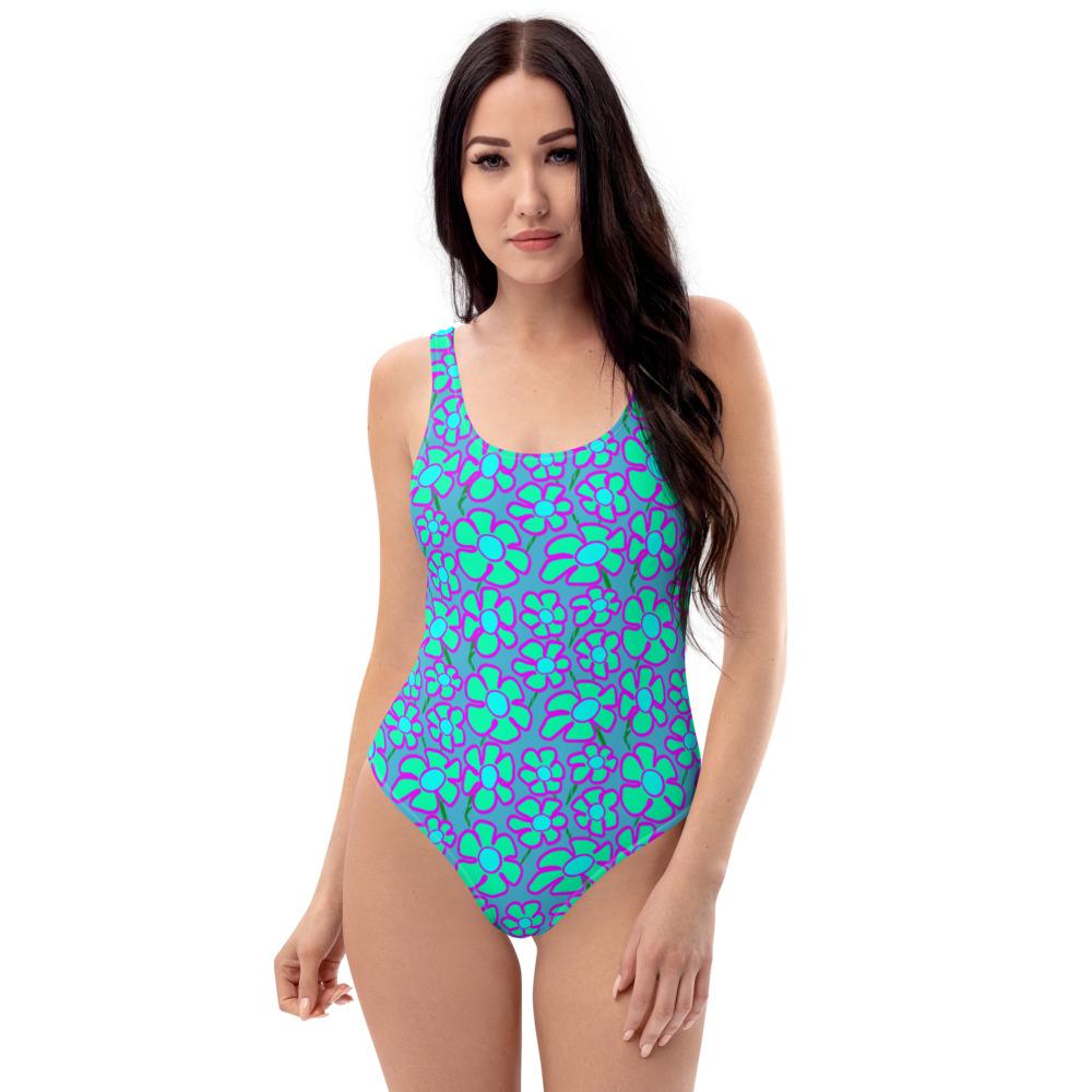 Greenflower Pattern on Blue - AOP One-Piece Swimsuit - Keen Eye Design