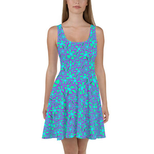Greenflower Pattern on Blue - AOP Skater Dress - Keen Eye Design