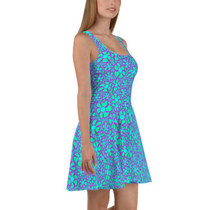 Greenflower Pattern on Blue - AOP Skater Dress - Keen Eye Design