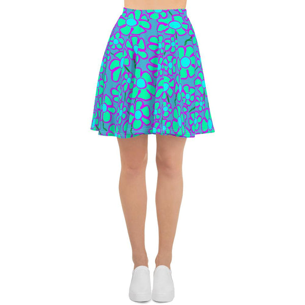 Greenflower Pattern on Blue - AOP Skater Skirt - Keen Eye Design