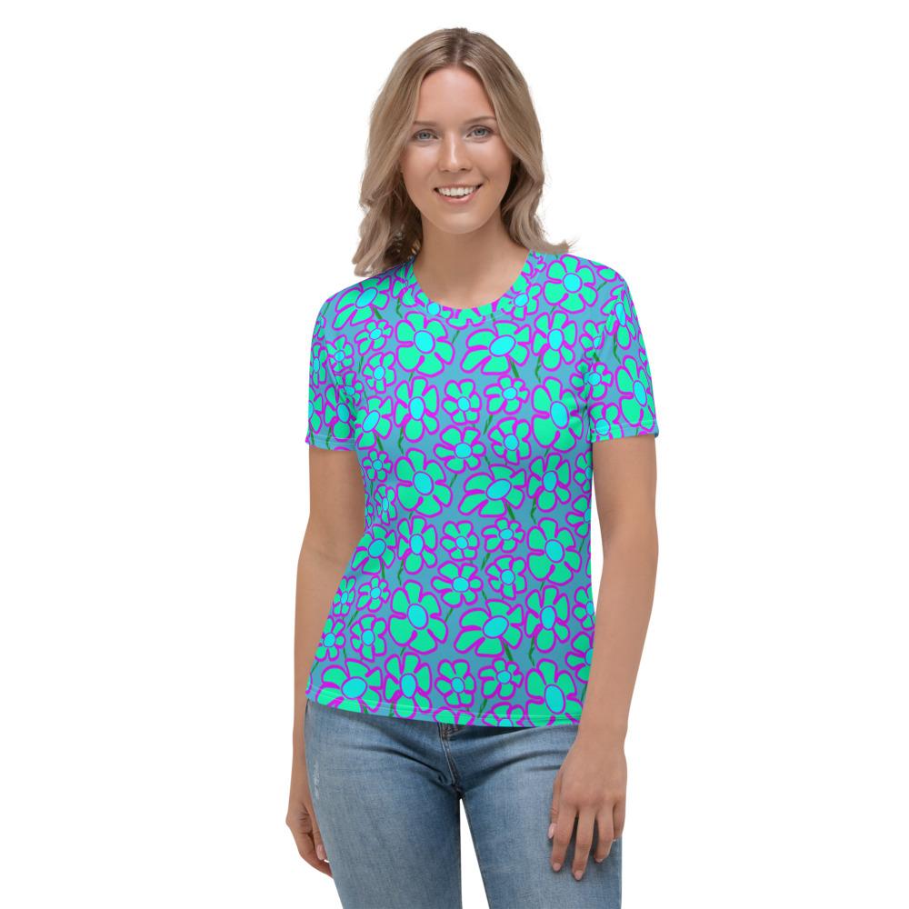 Greenflower Pattern on Blue - AOP Women's T-shirt - Keen Eye Design