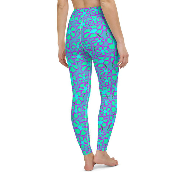 Greenflower Pattern on Blue - Women's Yoga Leggings - Keen Eye Design