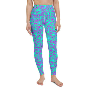 Greenflower Pattern on Blue - Women's Yoga Leggings - Keen Eye Design