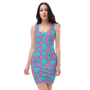 Greenflower Pattern on Pink - AOP Fitted Dress - Keen Eye Design