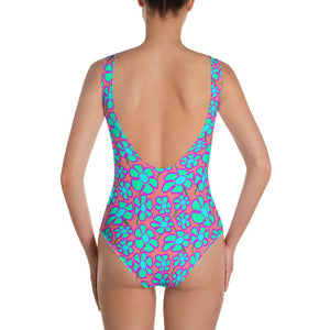 Greenflower Pattern on Pink - AOP One-Piece Swimsuit - Keen Eye Design