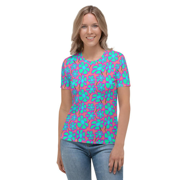 Greenflower Pattern on Pink - AOP Women's T-shirt - Keen Eye Design