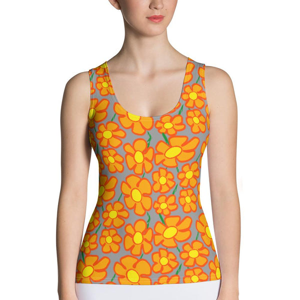 Orangeflower Pattern Med Gray - AOP Fitted Tank Top - Keen Eye Design