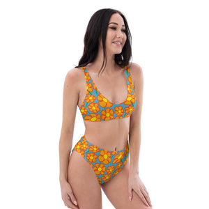 Orangeflower Pattern on Blue - Recycled AOP High-waisted Bikini - Keen Eye Design