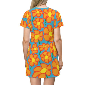 Orangeflower Pattern on Cyan - AOP T-Shirt Dress - Keen Eye Design