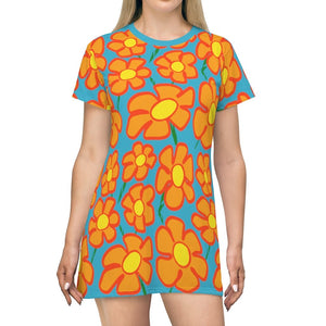 Orangeflower Pattern on Cyan - AOP T-Shirt Dress - Keen Eye Design
