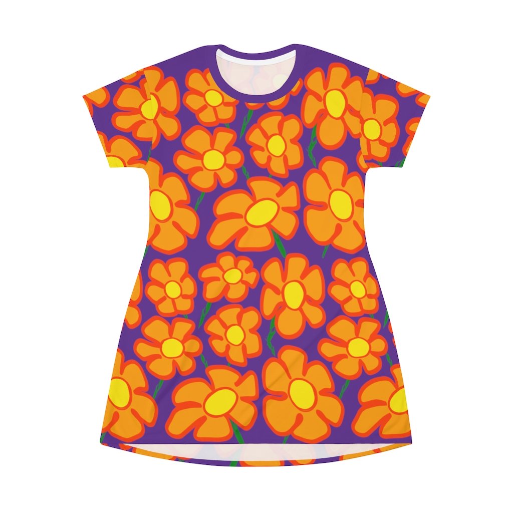 Orangeflower Pattern on Dark Violet - AOP T-Shirt Dress - Keen Eye Design