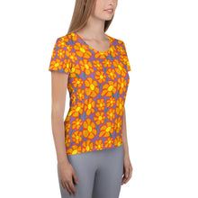 Load image into Gallery viewer, Orangeflower Pattern on Deep Purple - All-Over Print Women&#39;s Athletic T-shirt - Keen Eye Design
