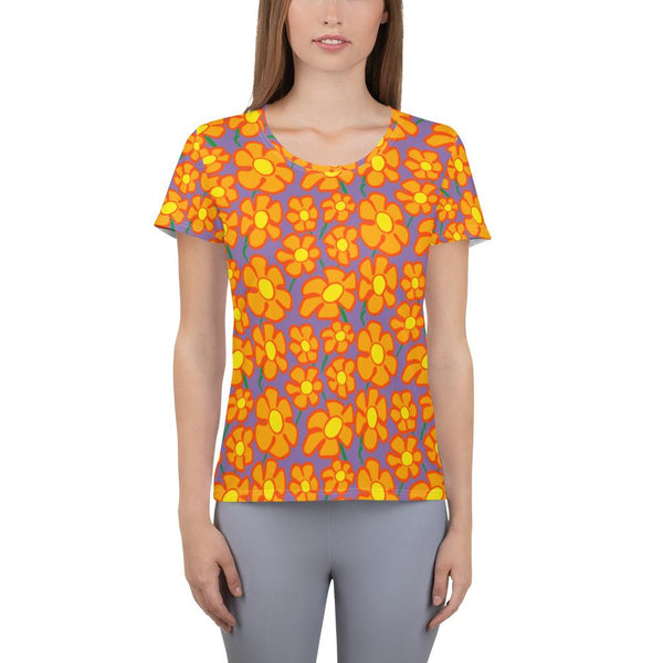 Orangeflower Pattern on Deep Purple - All-Over Print Women's Athletic T-shirt - Keen Eye Design