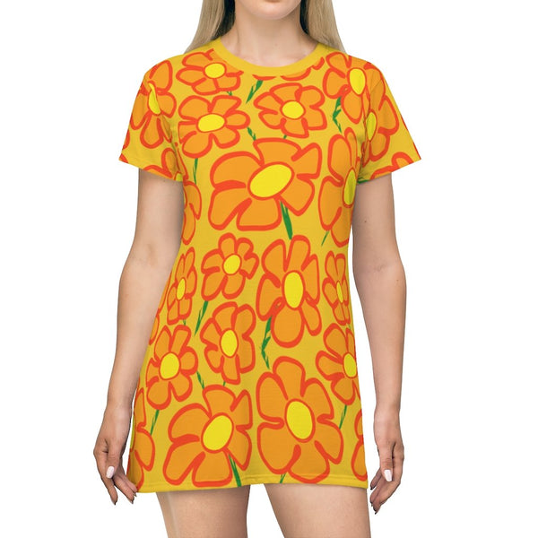 Orangeflower Pattern on Gold - AOP T-Shirt Dress - Keen Eye Design