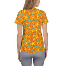 Load image into Gallery viewer, Orangeflower Pattern on Green - All-Over Print Women&#39;s Athletic T-shirt - Keen Eye Design

